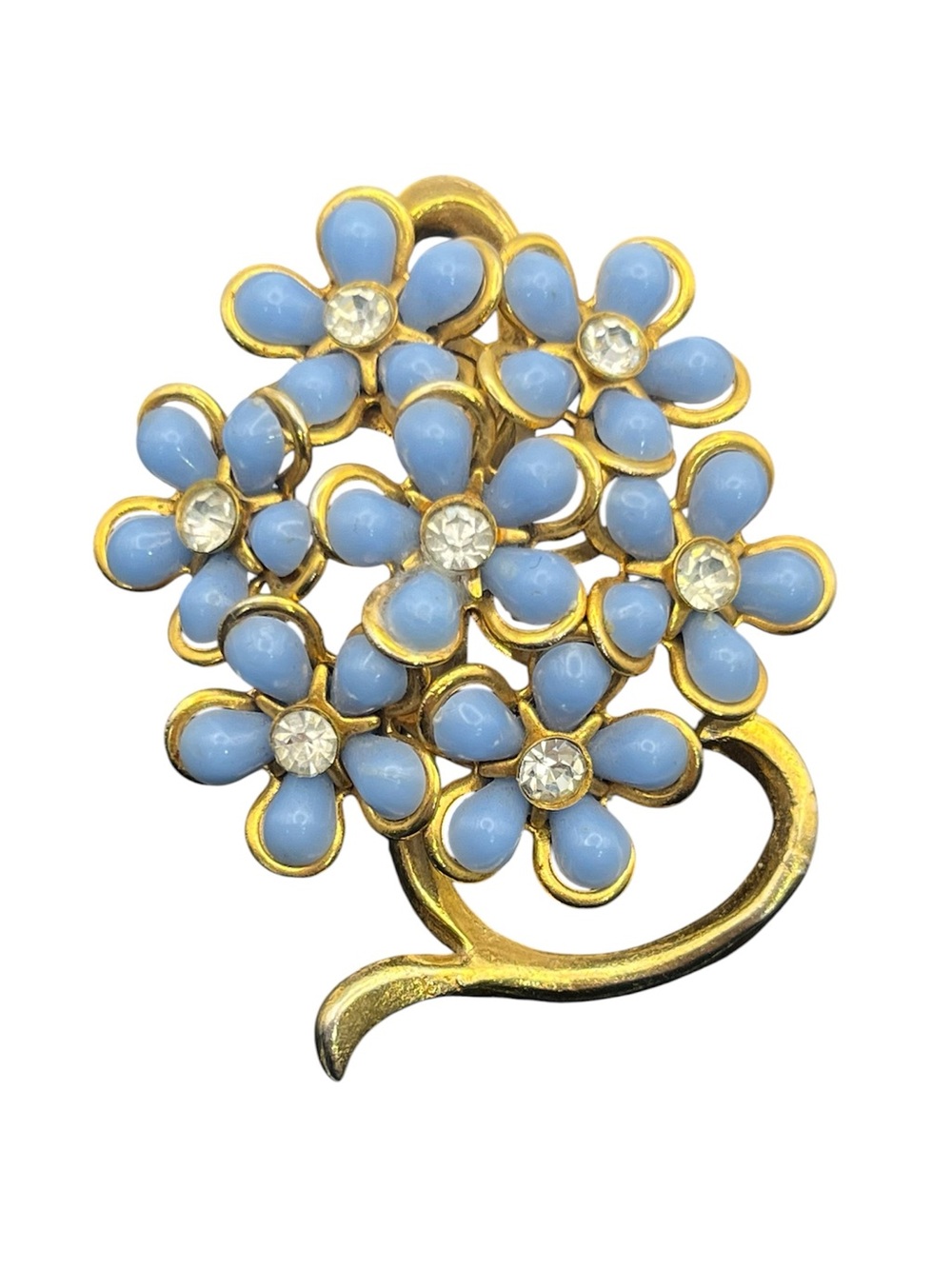Pale blue cabochon daisy flower cluster clear rhinestone gold tone brooch pin